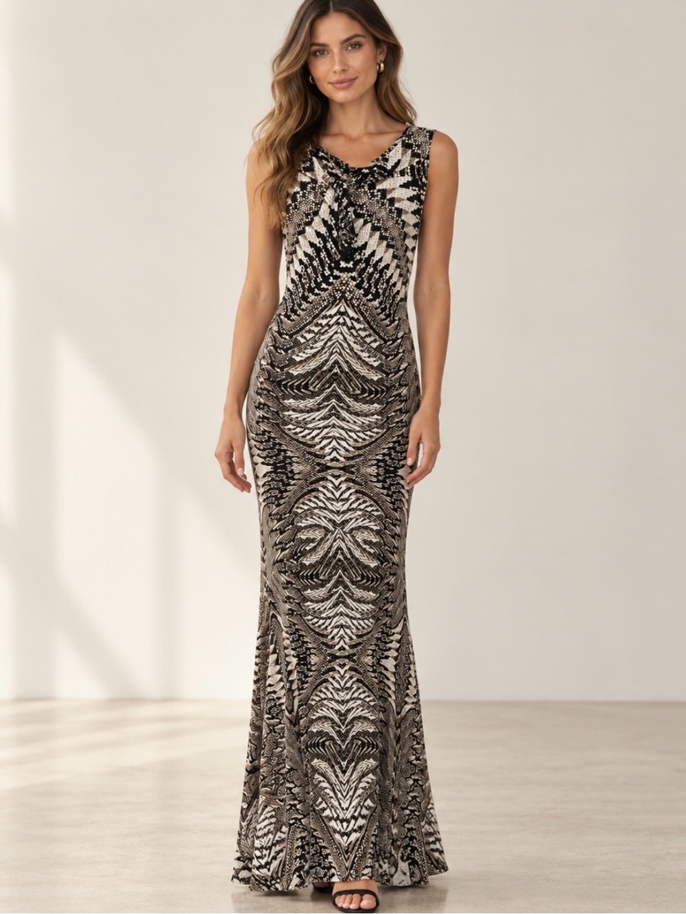 Roberto Cavalli Black and Cream Sleeveless Printed Maxi Gown